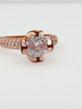 Rose Gold Floral Halo Engagement Ring with Clear Center Stone
